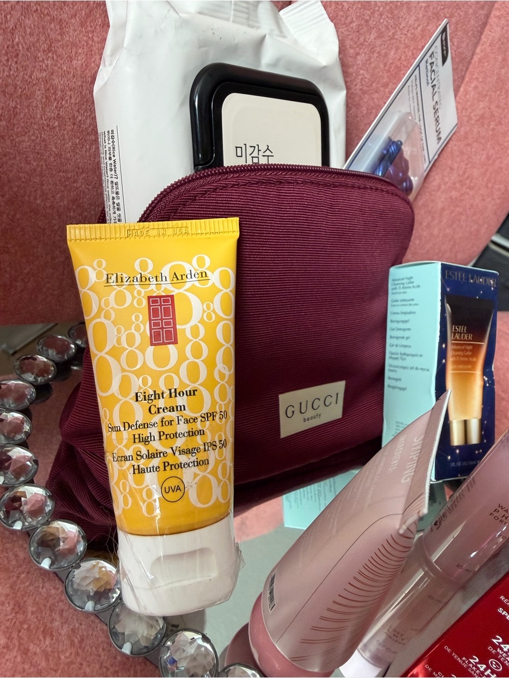 Gucci Beauty Burgundy Satin Cosmetic Pouch & Beauty Bundle